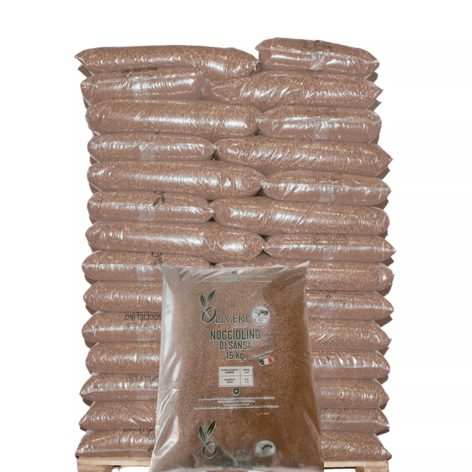 Bancale di nocciolino di sansa da 1.125 kg: 75 sacchi da 15 kg